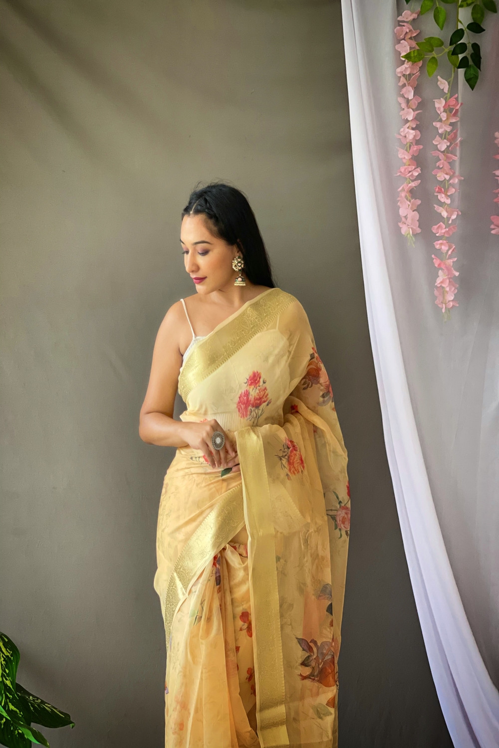 Organza floral printed saree with zari pallu & jacquard border- Yellow