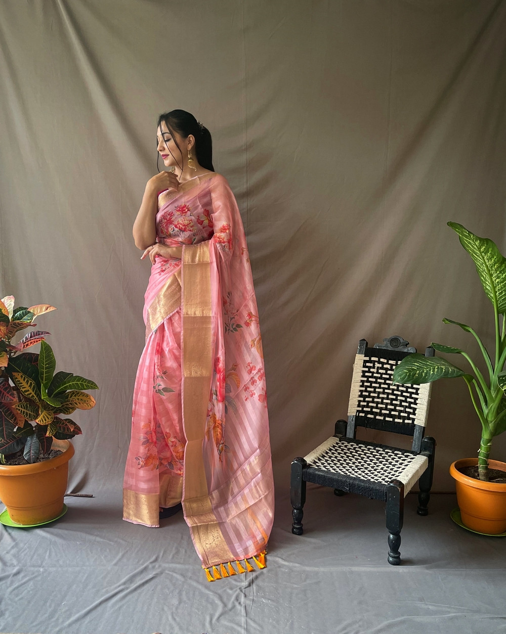 Organza stripped floral printed saree with jacquard border - Pink