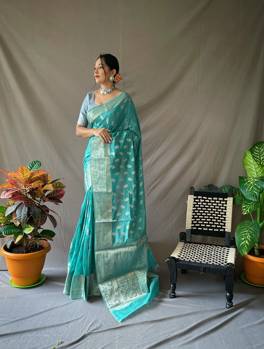 Pure Linen Silk Sarees with woven motifs and Rich Pallu- Tiffany blue