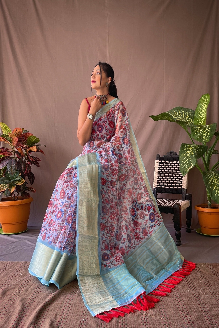 Organza kalamkari printed sarees with jacquard weaving  border - Multi
