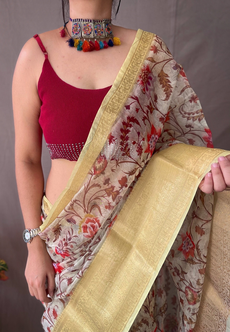 Organza kalamkari printed saree with jacquard weaving  border - Yellow