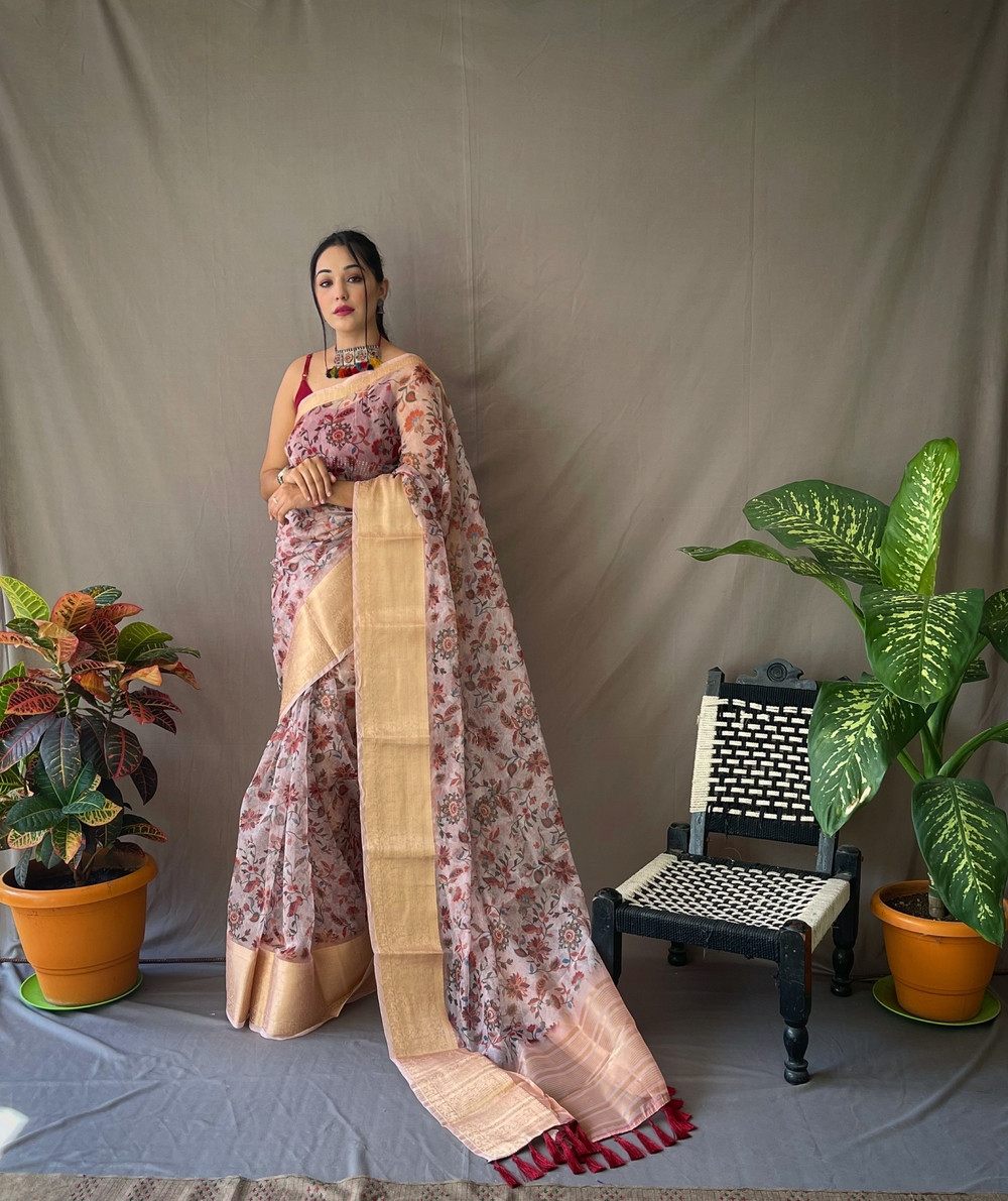 Organza kalamkari printed saree with jacquard weaving  border - Peach