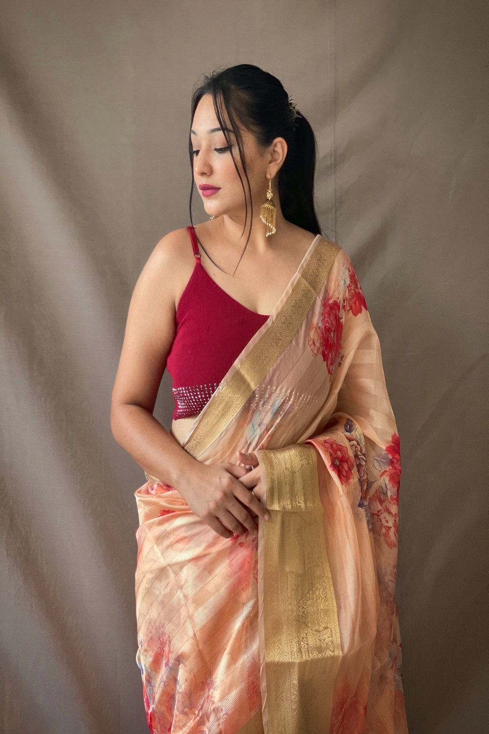 Organza stripped floral printed saree with jacquard border - Gold