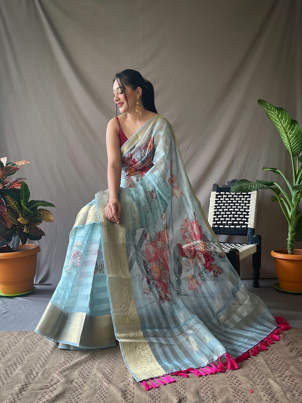 Organza stripped floral printed saree with jacquard border - Sky Blue