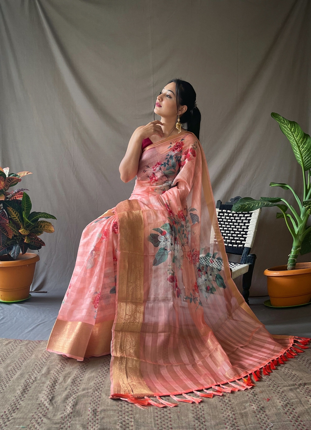 Organza stripped floral printed saree with jacquard border - Light Red