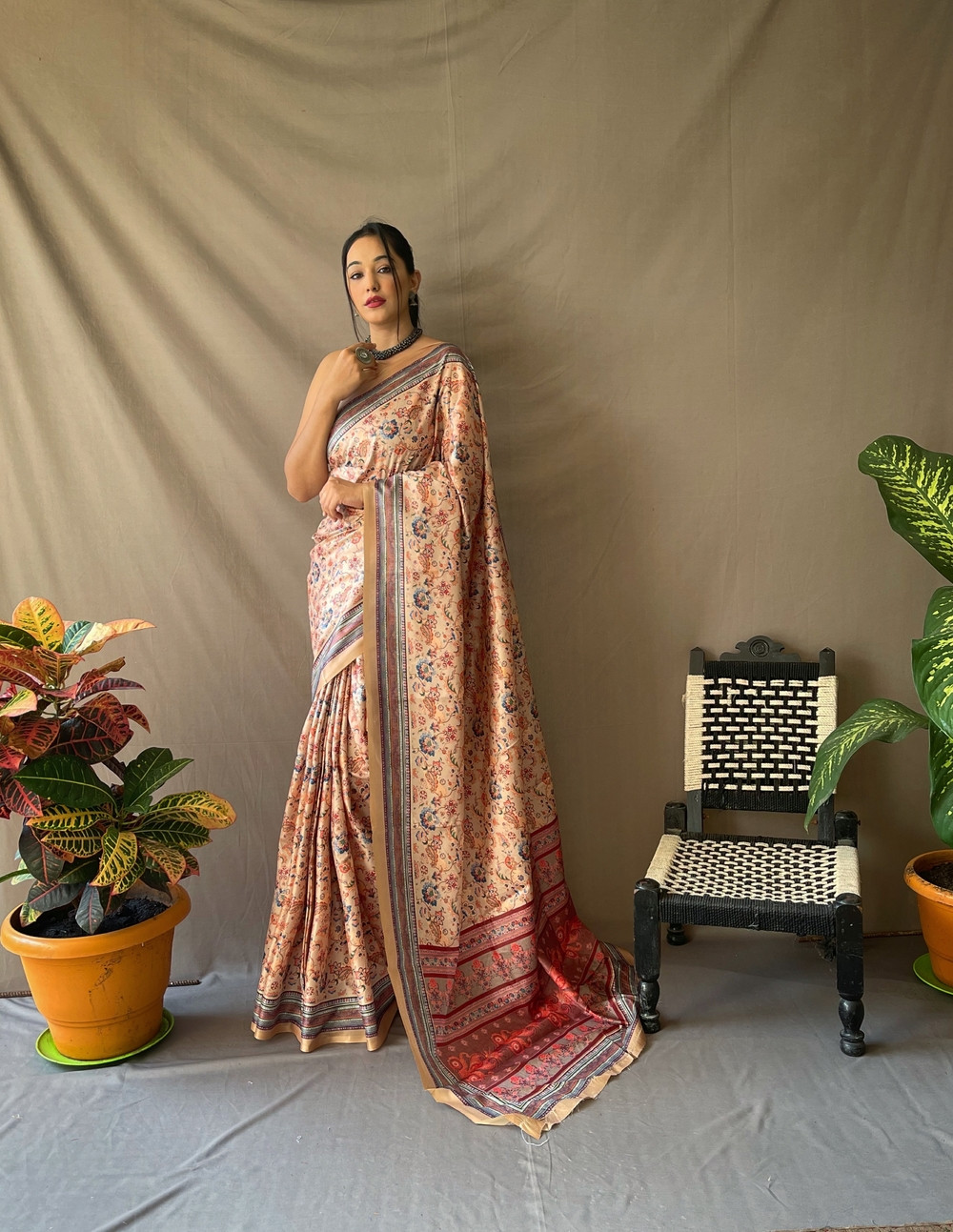 Kanjeevaram Silk Madhubani Printed Saree with contrast pallu - Ivory