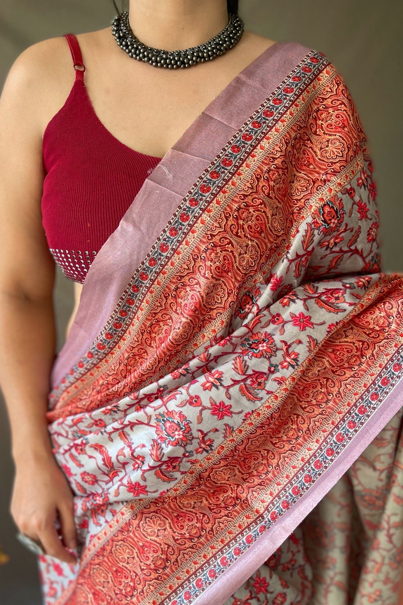 Kanjeevaram Silk Madhubani Printed Saree with contrast pallu - Grey