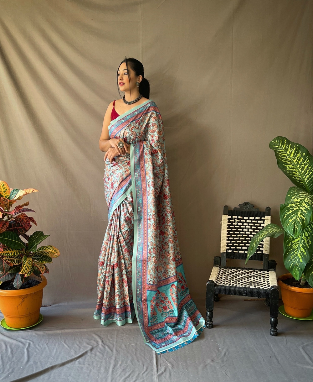 Kanjeevaram Silk Madhubani Printed Saree with contrast pallu - Blue