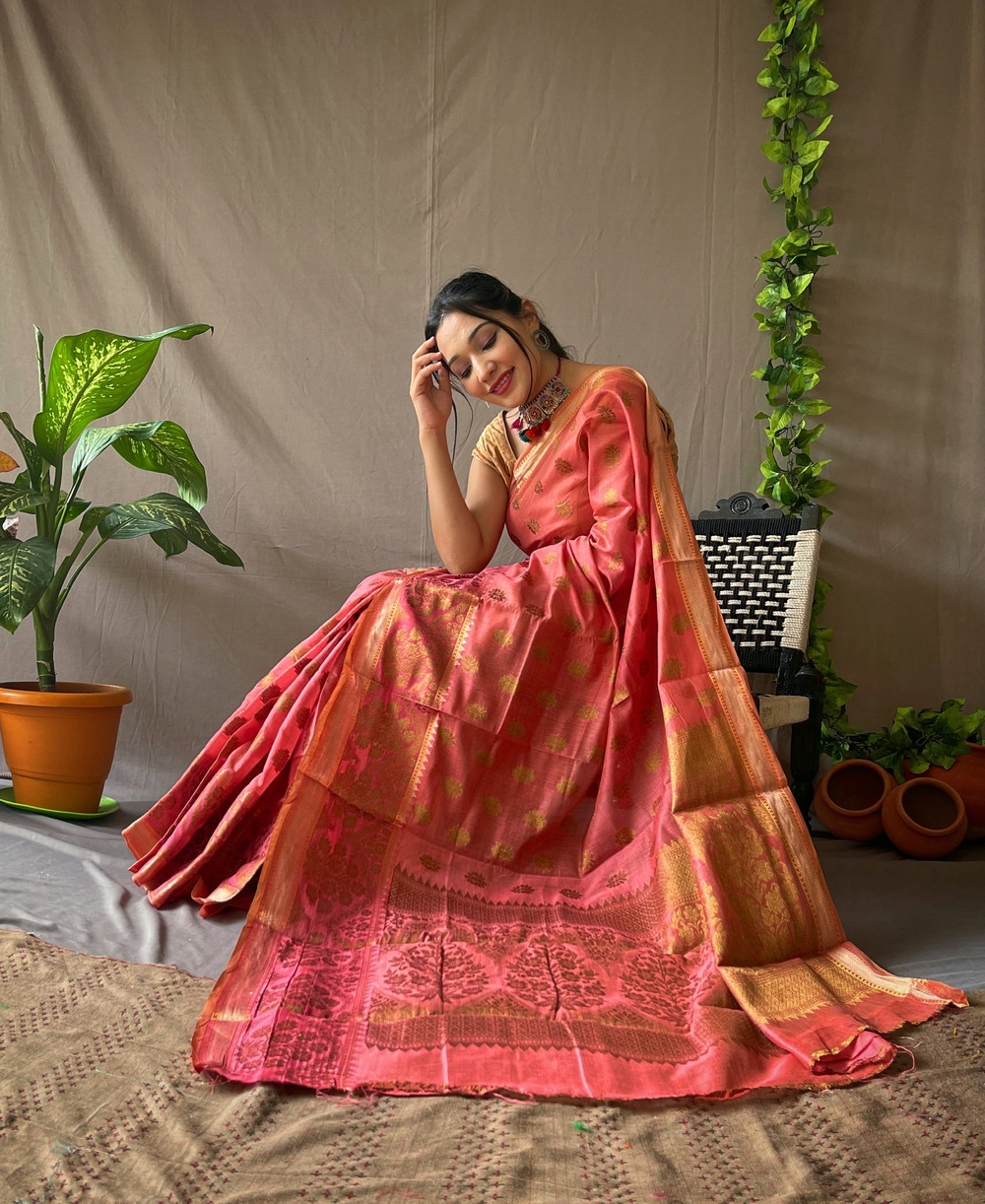 Pure Linen Silk Sarees with woven motifs and Rich Pallu - Light Red