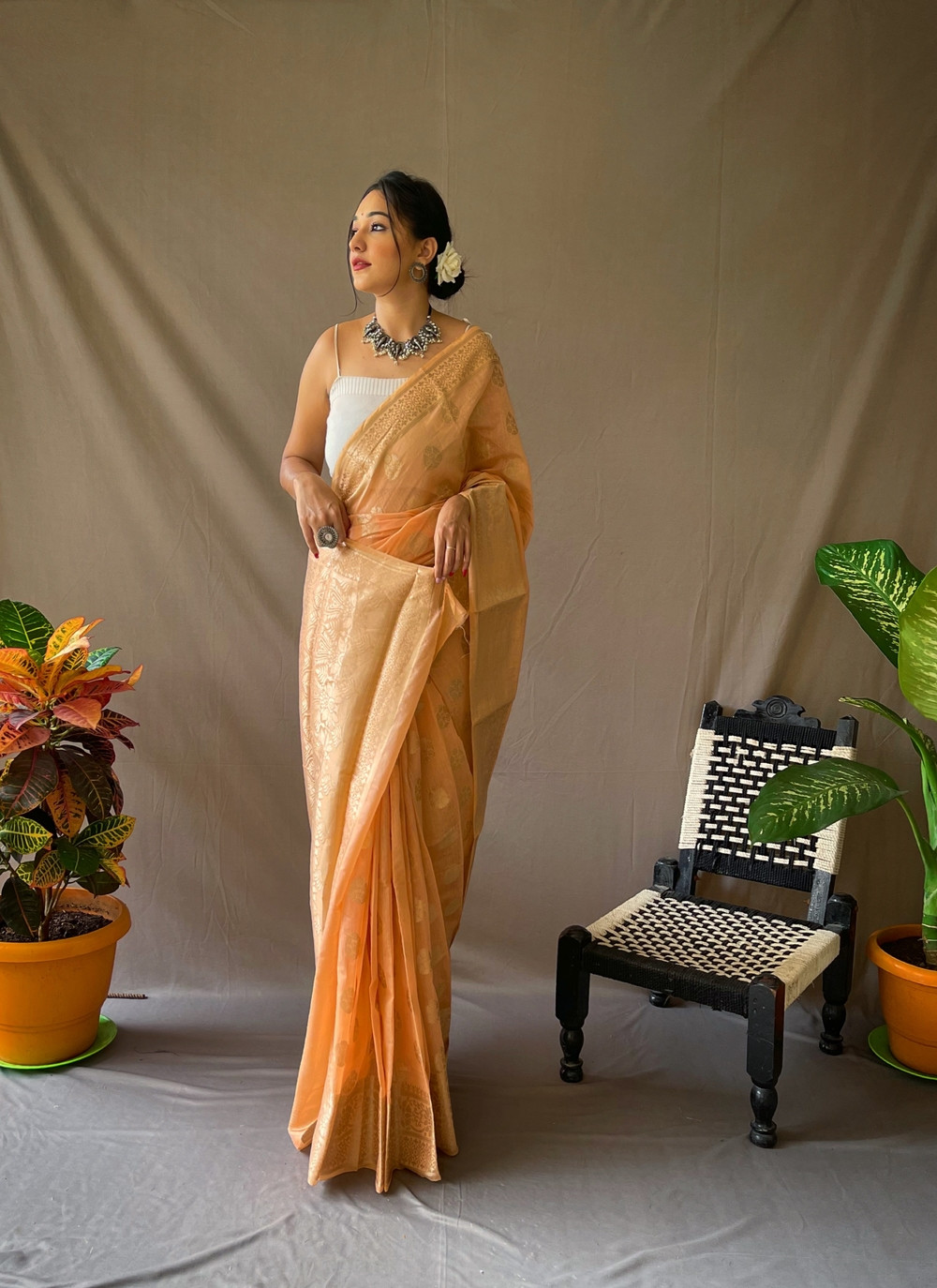Pure Linen Silk Sarees with woven motifs and Rich Pallu - Light Orange