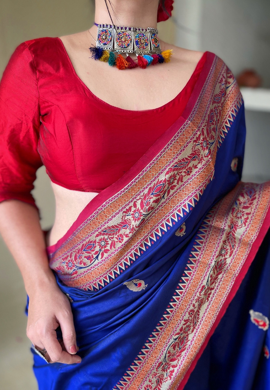 Paithani Silk saree with Meenakari Woven pallu and Border - Navy - Red