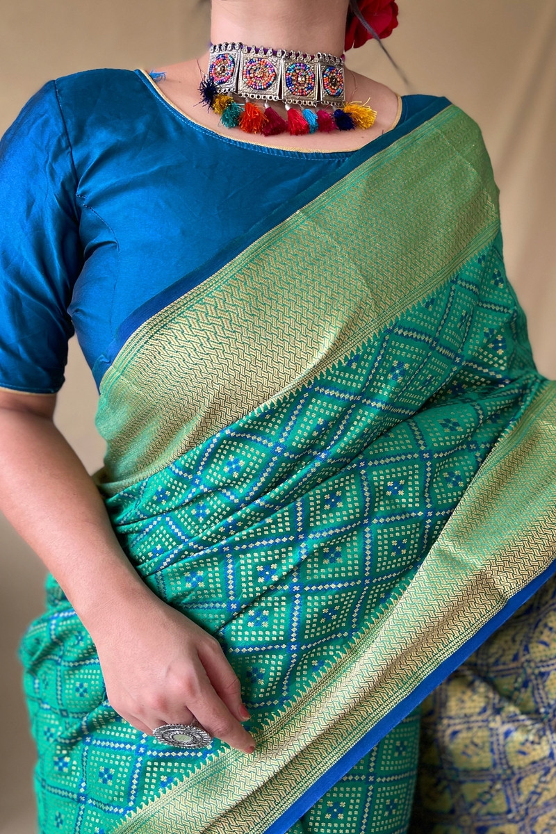 Patola saree with gold Zari border and Rich Weaving Pallu - Green