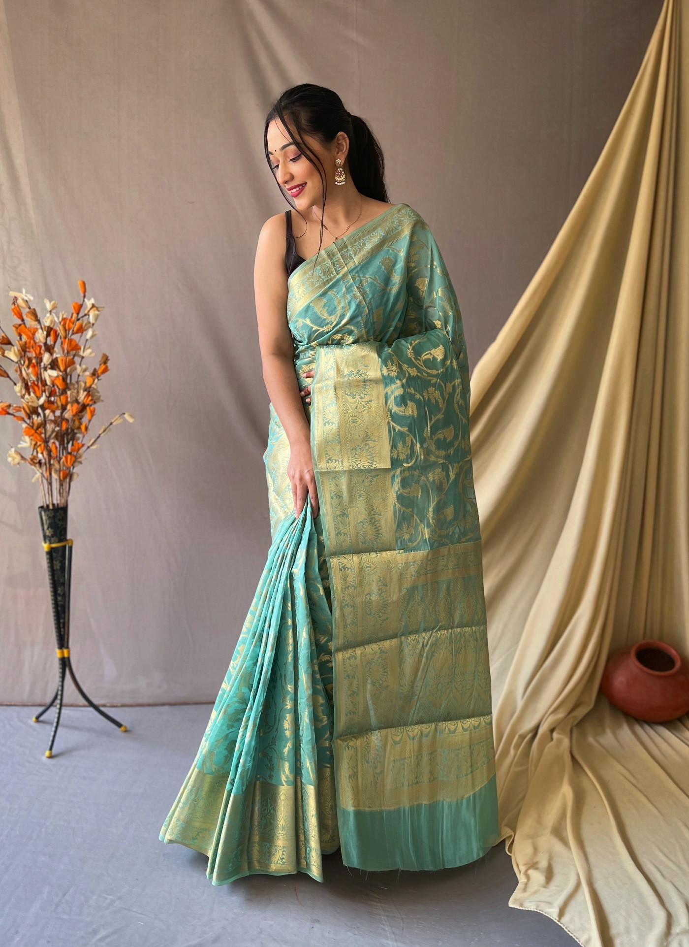 Banarasi Organza saree with zari weaving border and pallu -  Sky Blue