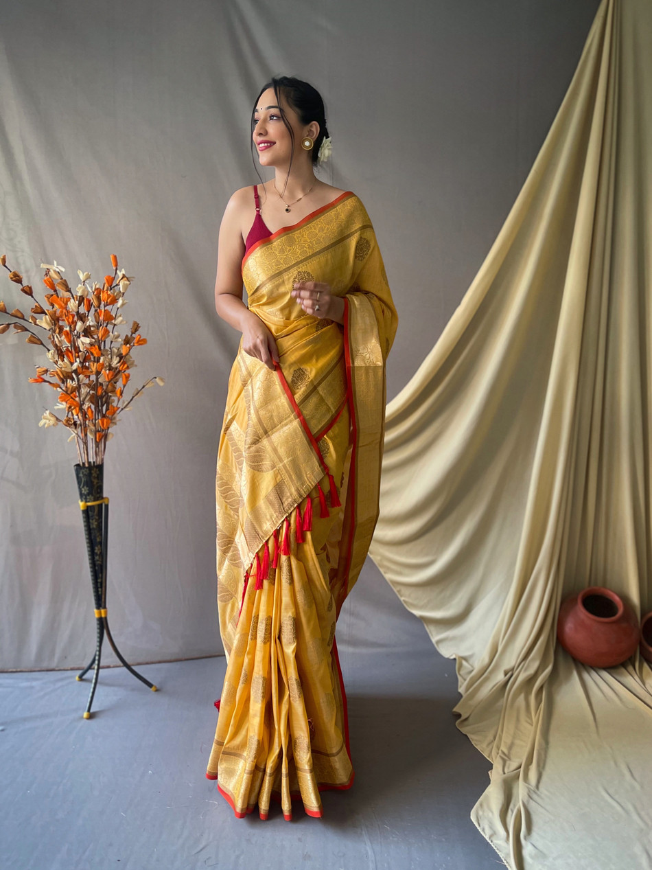 Pure Cotton Saree with Gold Zari woven motif and Rich Pallu - Yellow