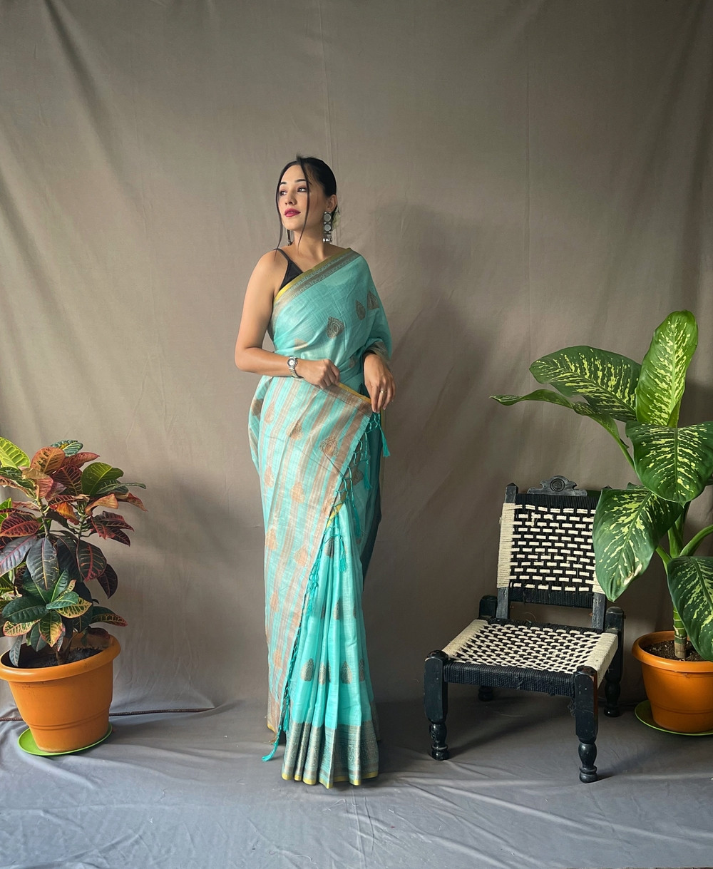 Copper Zari woven Linen Tissue Silk Saree with Rich Pallu - Sky Blue