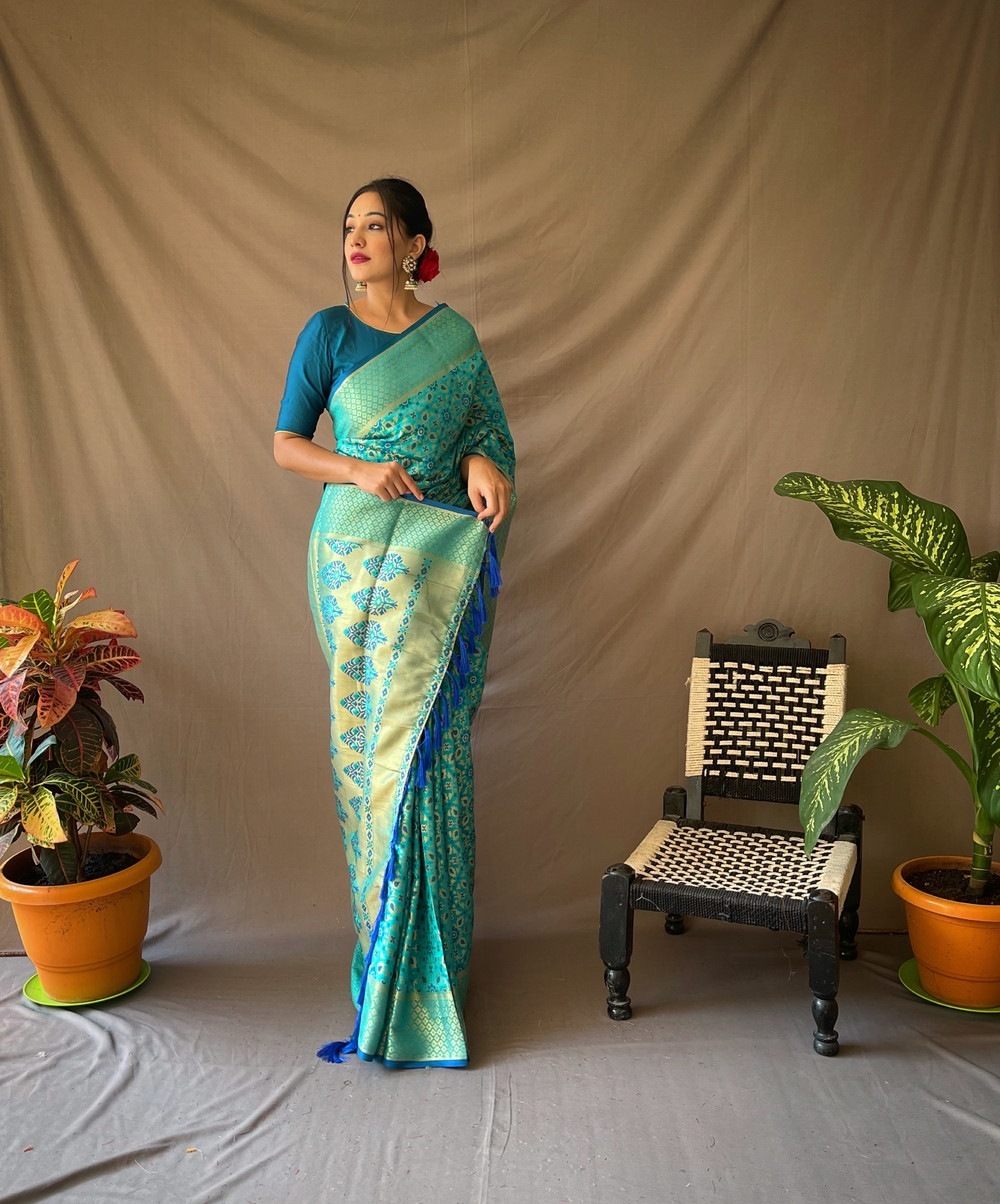 Patola saree with gold Zari border and Rich Weaving Pallu - Sky Blue