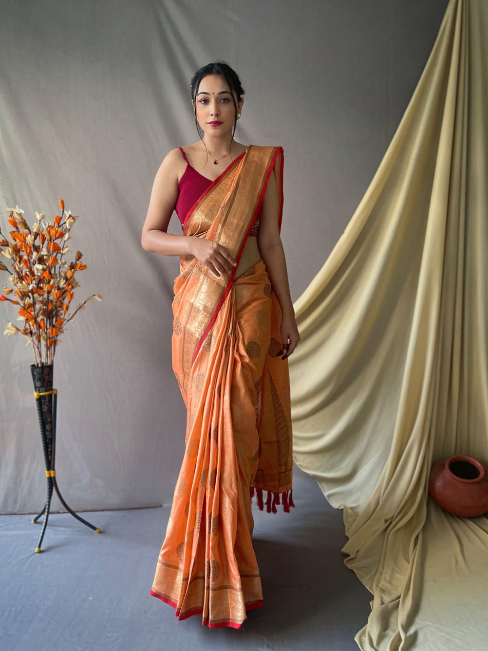 Pure Cotton Saree with Gold Zari woven motif and Rich Pallu - Peach