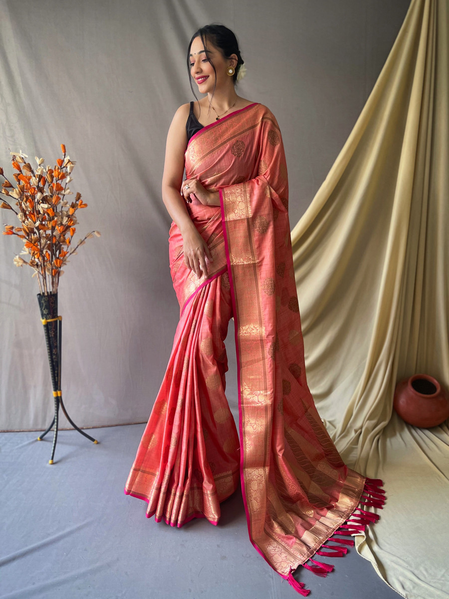 Pure Cotton Saree with Gold Zari woven motif and Rich Pallu - PinkP