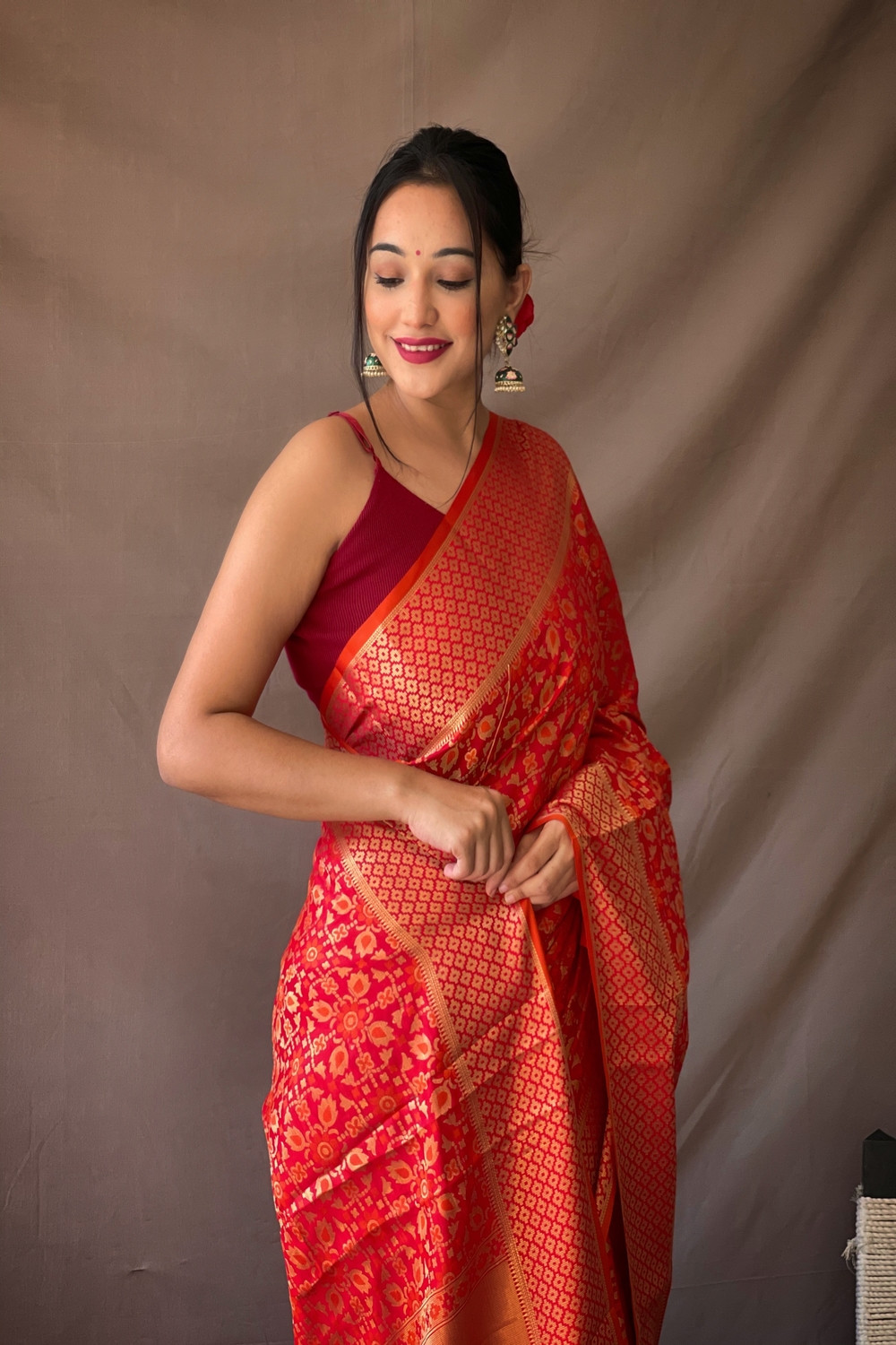 Patola saree with gold Zari border and Rich Weaving Pallu - Red