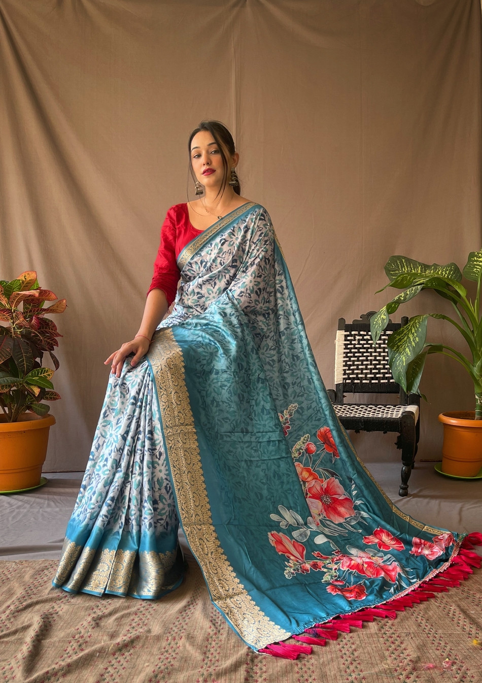 Dola Silk digital printed saree With jacquard Viscose border -Blue