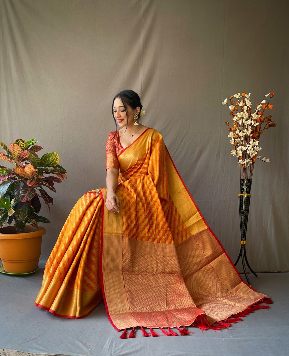 Patola Lehariya saree with gold Zari border and Rich Pallu - Orange