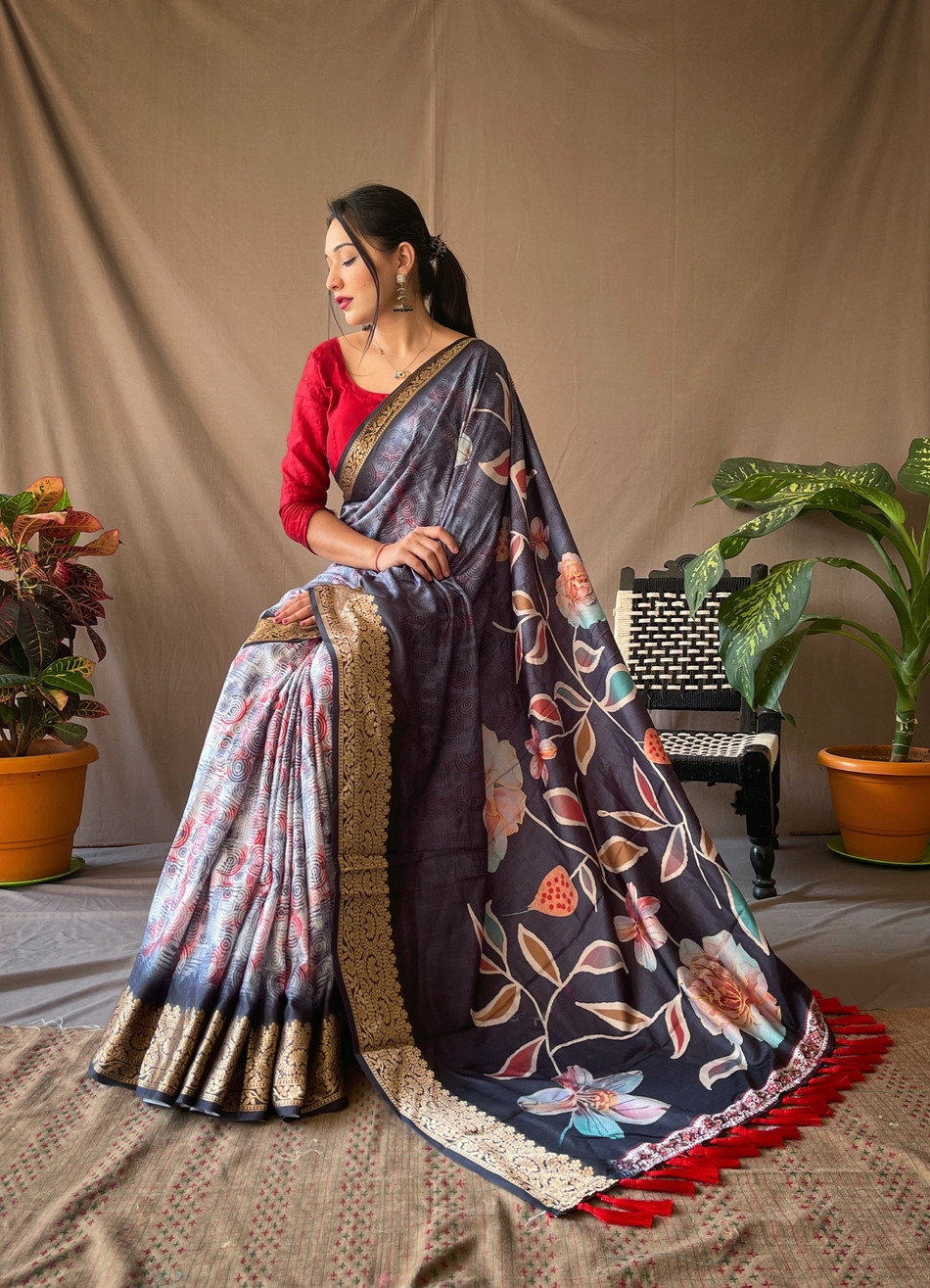 Dola Silk digital printed saree With jacquard  border -Navy Blue