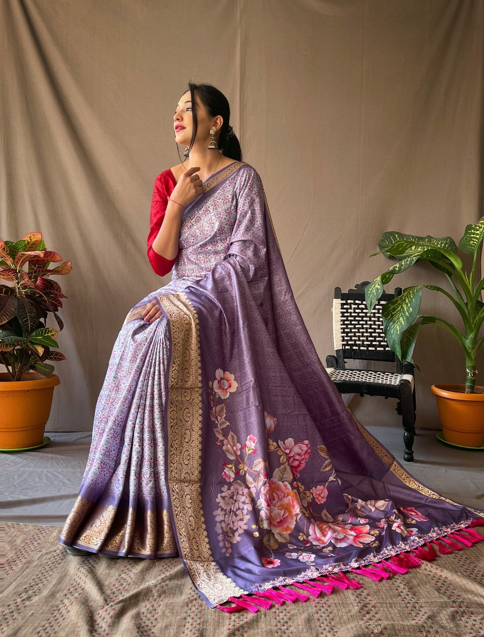 Dola Silk digital printed saree With jacquard  border - Purple