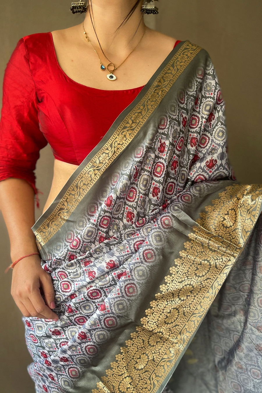 Dola Silk digital printed saree With jacquard  border - Grey
