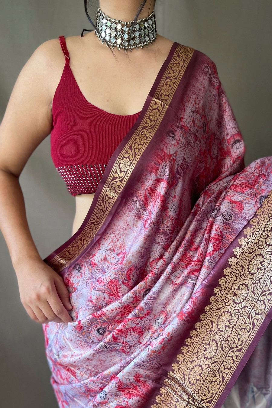Dola Silk digital printed saree With jacquard  border - Wine