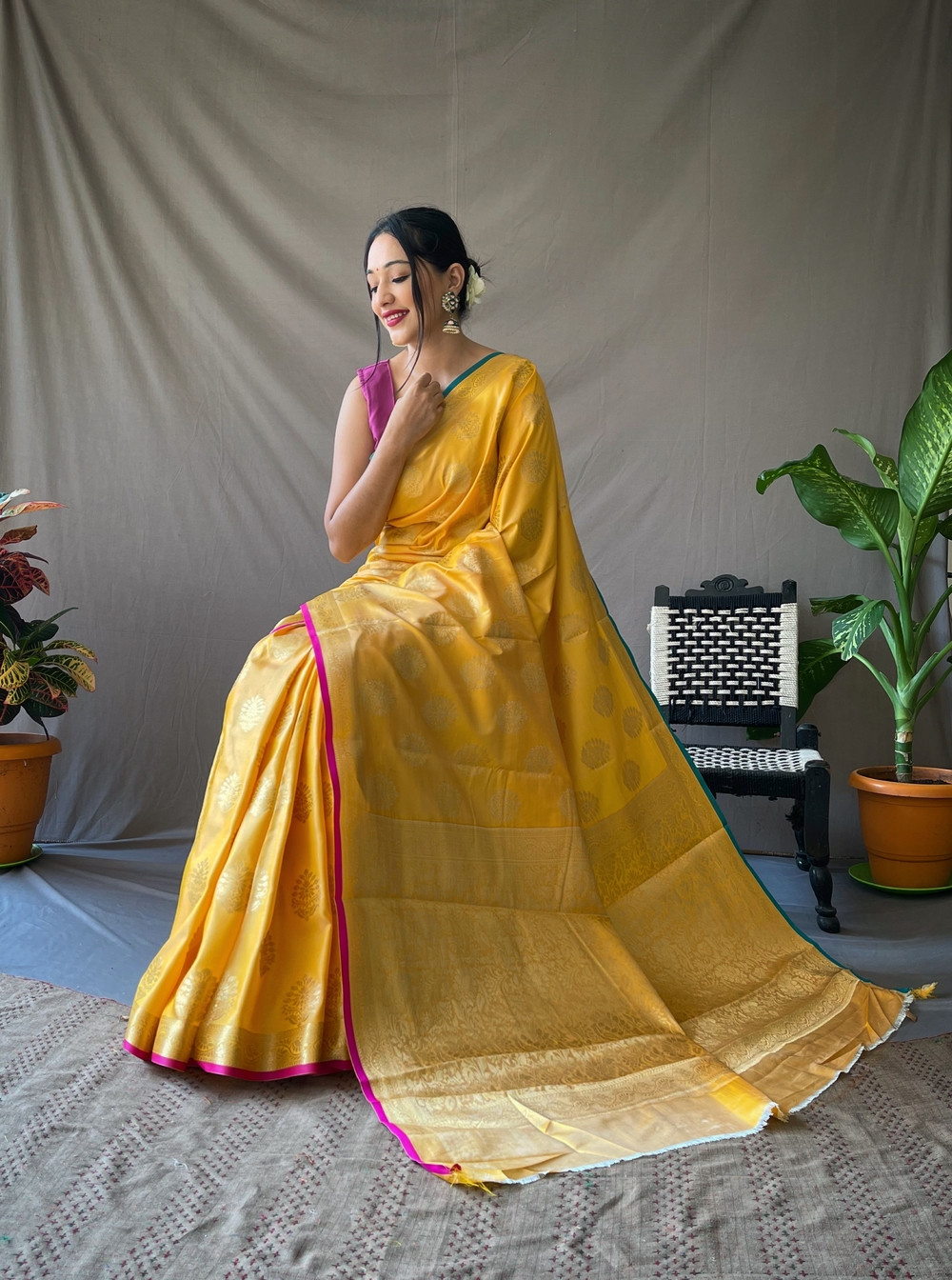 Two Toned Soft Silk Sarees with Golden Zari Weaving Motifs -Yellow