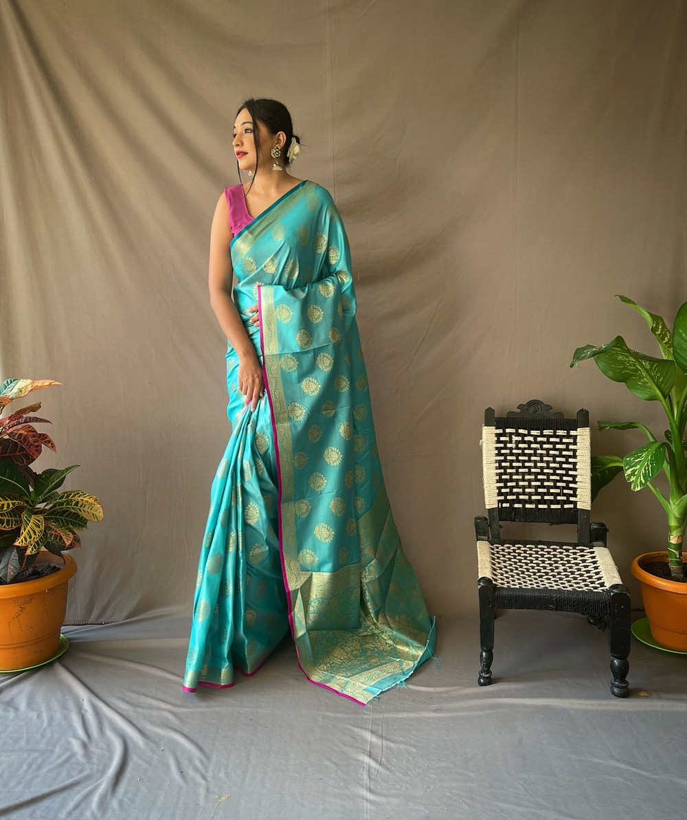 Two Toned Soft Silk Sarees with Golden Zari Weaving Motifs - Sky Blue