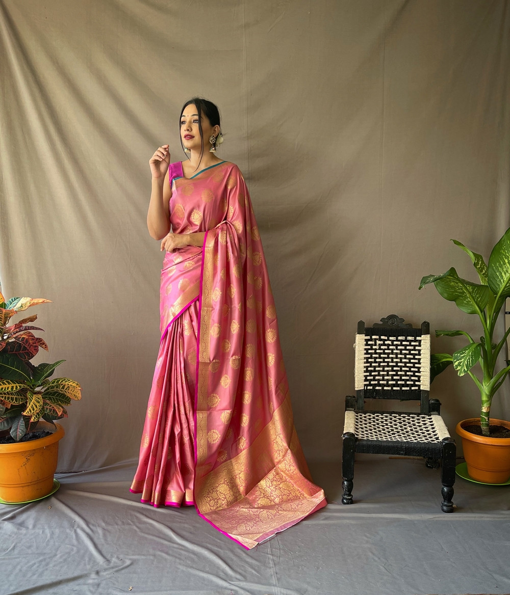 Two Toned Soft Silk Sarees with Golden Zari Weaving Motifs - Pink