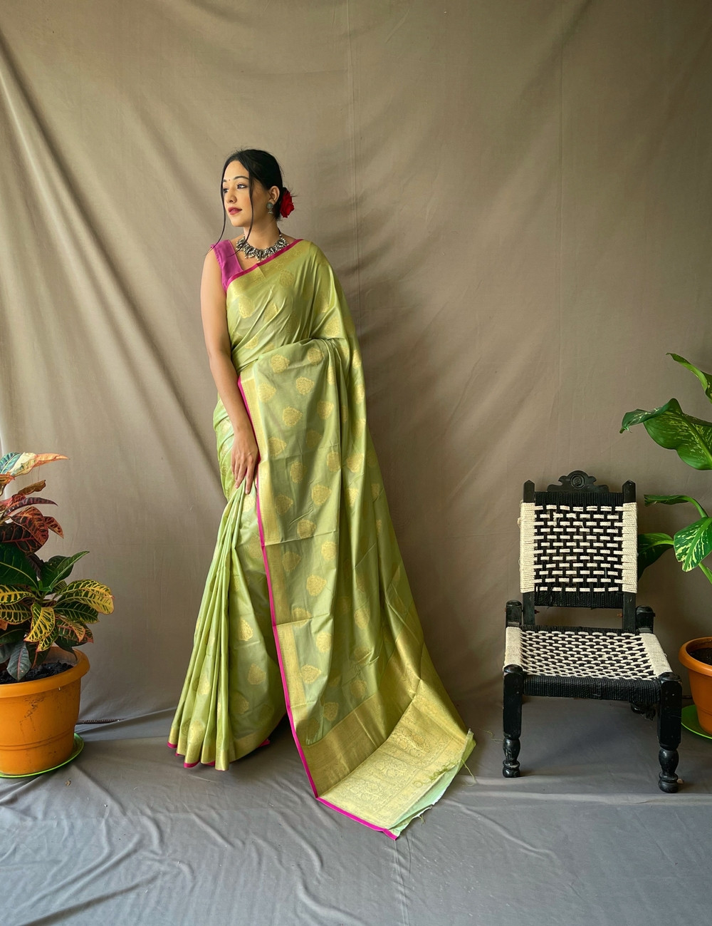 Two Toned Soft Silk Sarees with Golden Zari  Motifs -  Silk Green