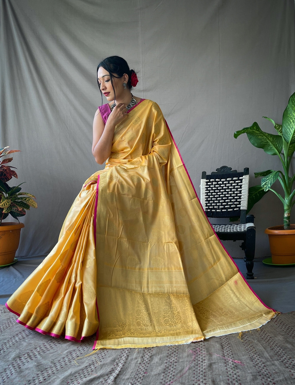 Two Toned Soft Silk Sarees with Golden Zari  Motifs -  Yellow