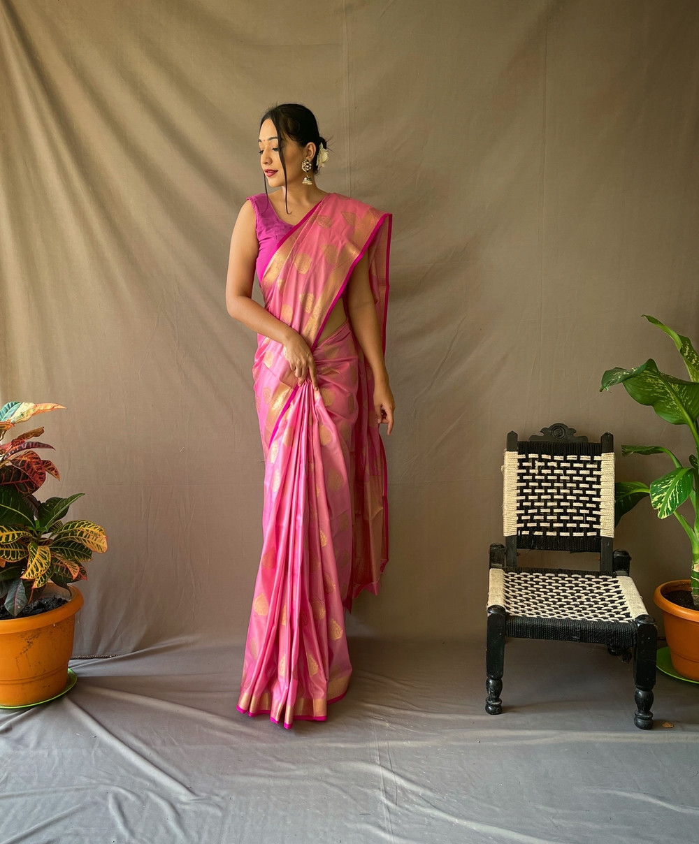 Two Toned Soft Silk Sarees with Golden Zari  Motifs -  Pink