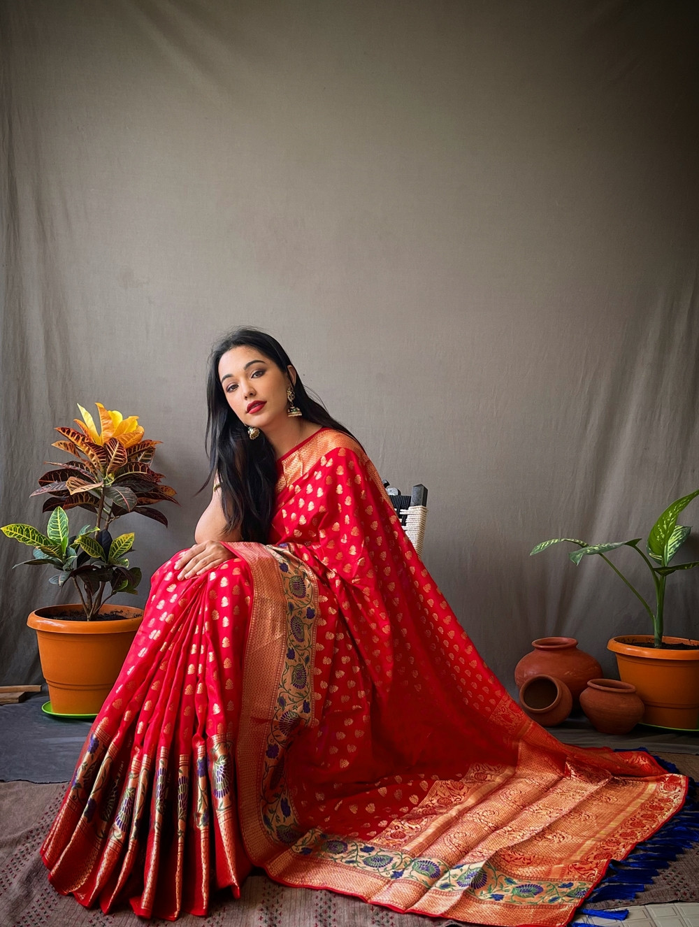 Banarasi silk saree with gold zari Woven border and Pallu - Red