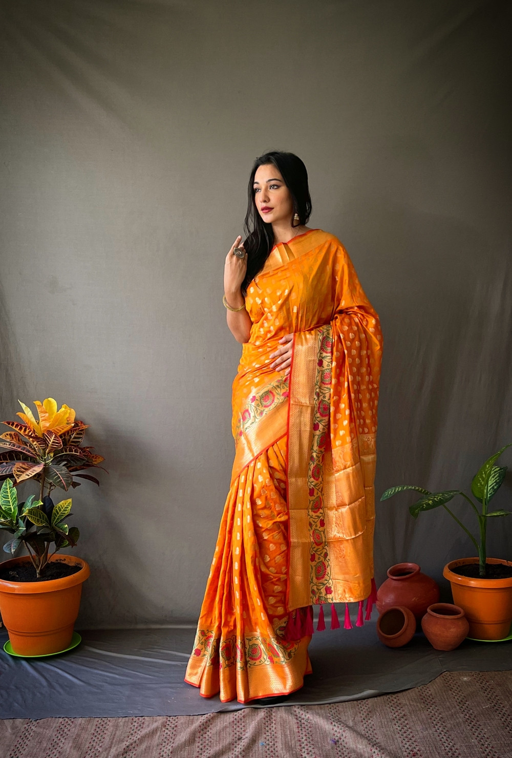 Banarasi silk saree with gold zari Woven border and Pallu -Orange