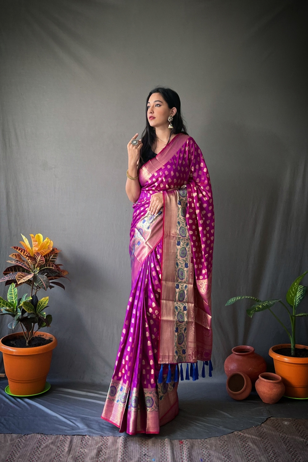 Banarasi silk saree with gold zari Woven border and Pallu -Purple