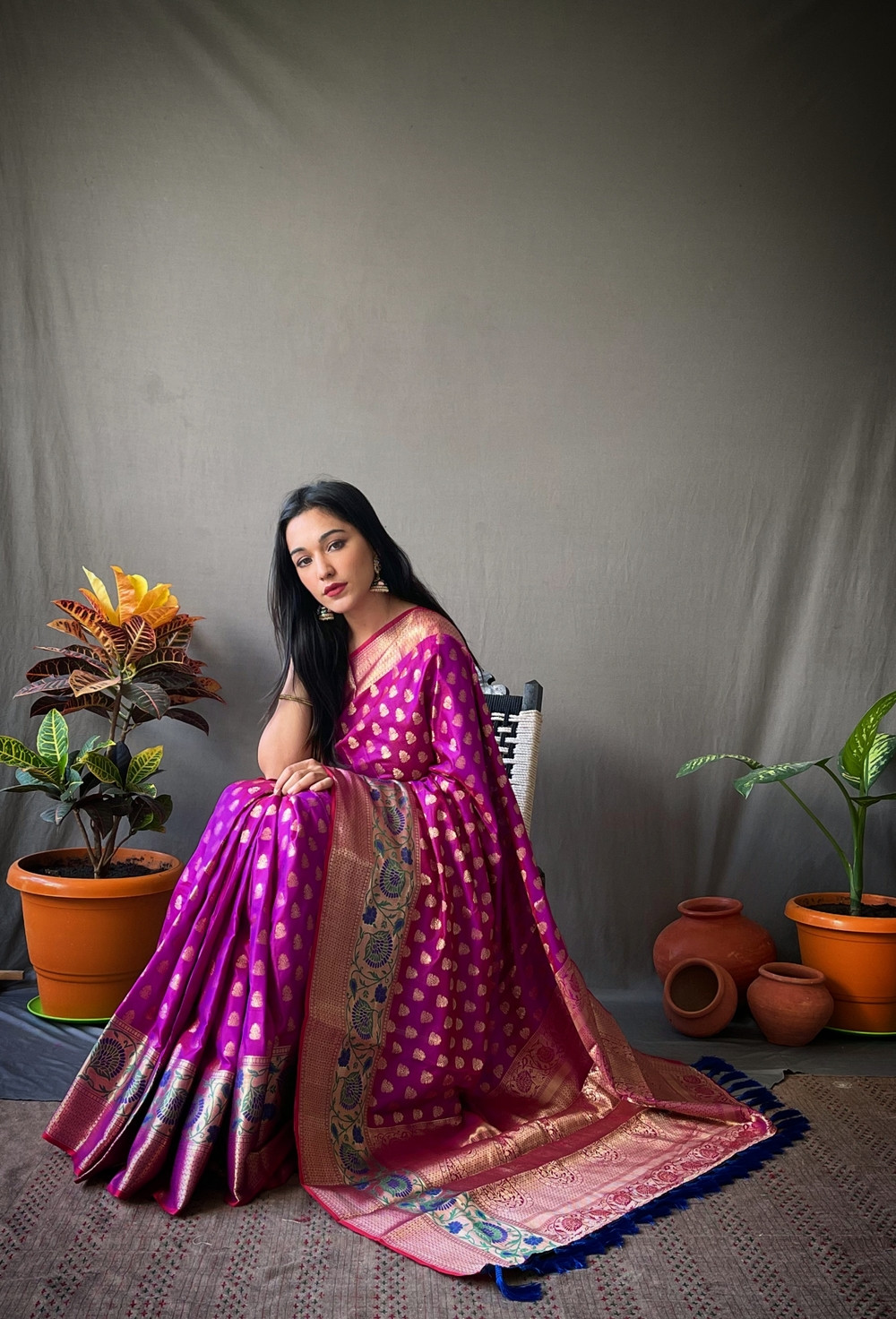 Banarasi silk saree with gold zari Woven border and Pallu -Purple