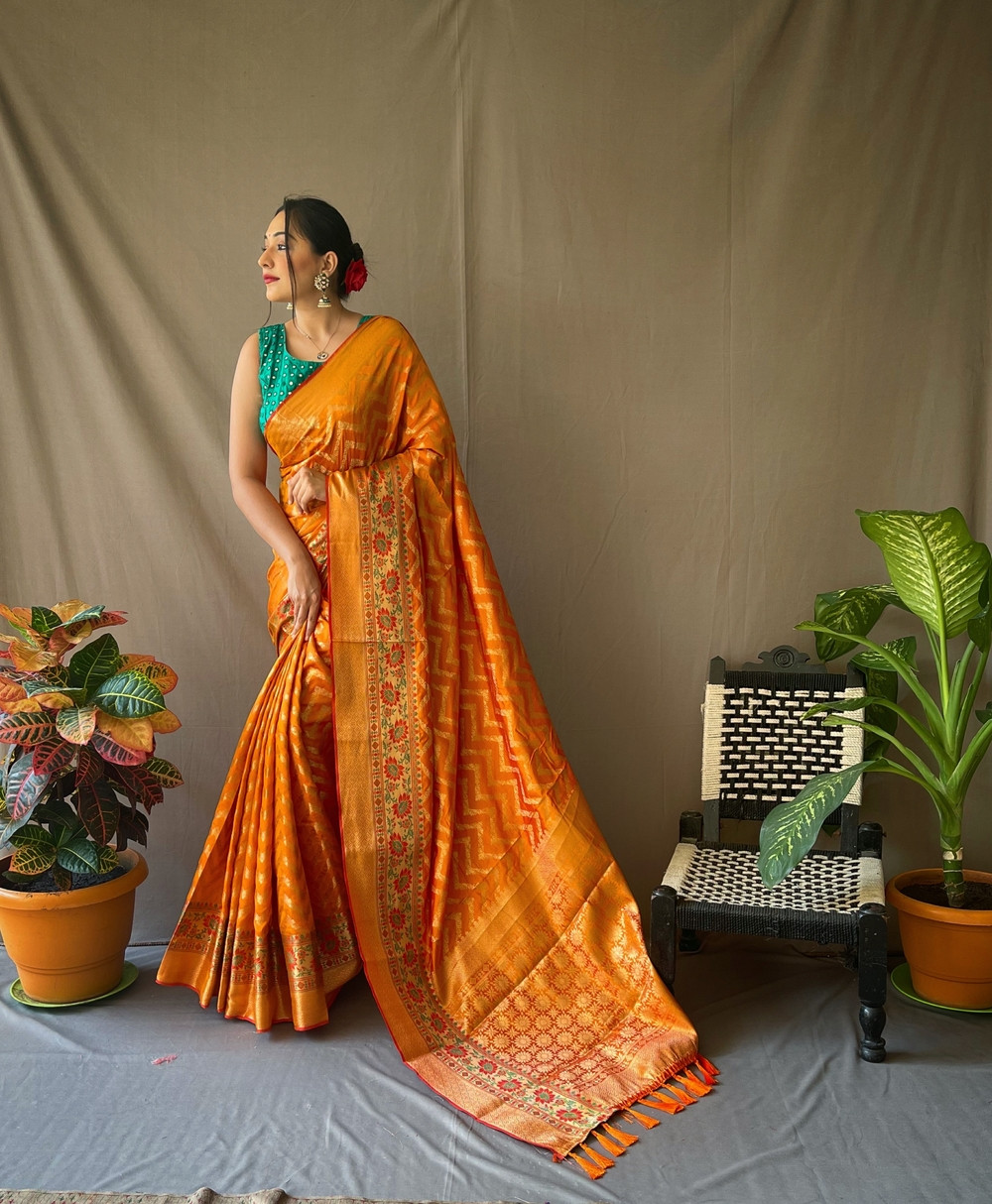 Gold zari Woven Banarasi silk saree with meenakari border - Orange