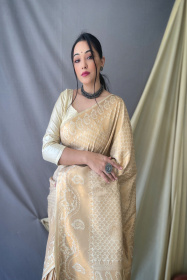 Gold Zari Woven Kanjeevaram Soft Silk Sarees -  Ivory