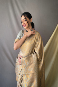 Gold Zari Woven Kanjeevaram Soft Silk Sarees - Grey