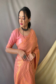 Gold Zari Woven Kanjeevaram Soft Silk Sarees -  Peach