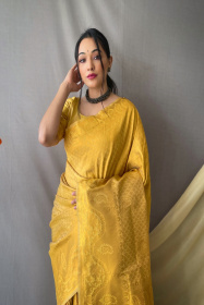 Gold Zari Woven Kanjeevaram Soft Silk Sarees - Yellow