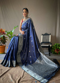Gold & Silver Zari Woven Soft Silk Saree with Rich woven Pallu - Blue