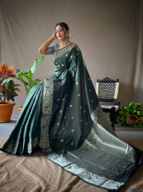 Gold & Silver Zari Woven Soft Silk Saree with Rich woven Pallu - Green