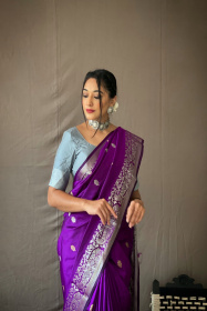 Gold & Silver Zari Woven Soft Silk Saree with Rich Pallu - Purple