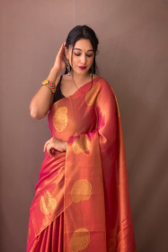Zari Woven Tissue Silk Sarees with Chit Pallu - Red