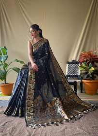 Soft Silk saree with Zari woven floral broder & pallu - Black
