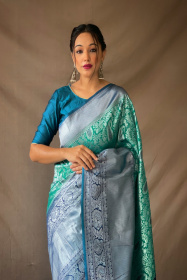 Silver zari and Meenakari Woven Kanjeevaram Silk handloom saree - Rama